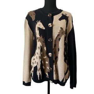 Vintage Animal Cardigan Sweater Giraffe Knit Black Brown Embroidered Size Medium